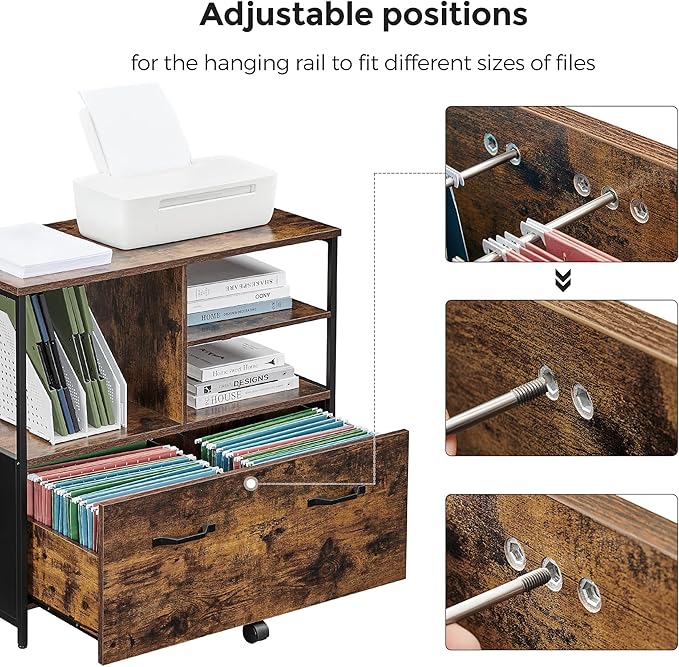 VASAGLE Lateral File Cabinet for Home Office Filing Cabinet with Open Shelves and Drawer for A4 Letter and Legal Sized Documents Printer Stand Rustic Brown and Ink Black UOFC043B01