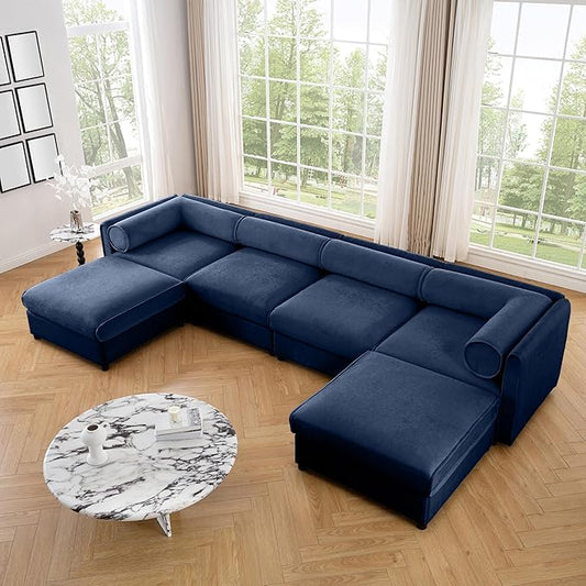 Oversized Modular Sectional Sofa 142.5 Chenille U-Shaped Sofa with Cylindrical Backrest &amp Armrest Modern Comfy 4-Seat Sofa with 2 Ottoman Upholstered Deep Seat Couch for Living Room Blue