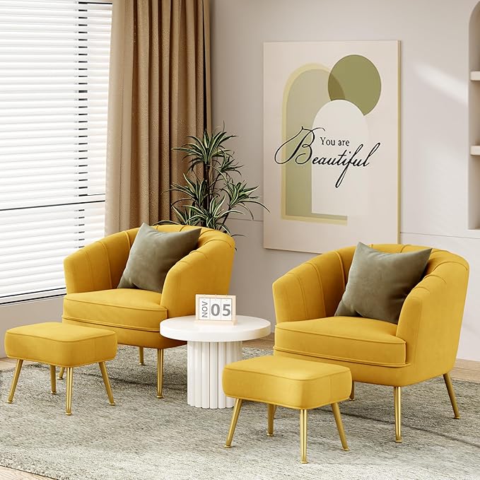 Velvet Accent Chairs with Ottoman for Living Room Bedroom Office Leisure Upholstered Single Sofa Chair Arm Chair Comfy Chair Reading Club Coffee Chair with Metal Legs Yellow