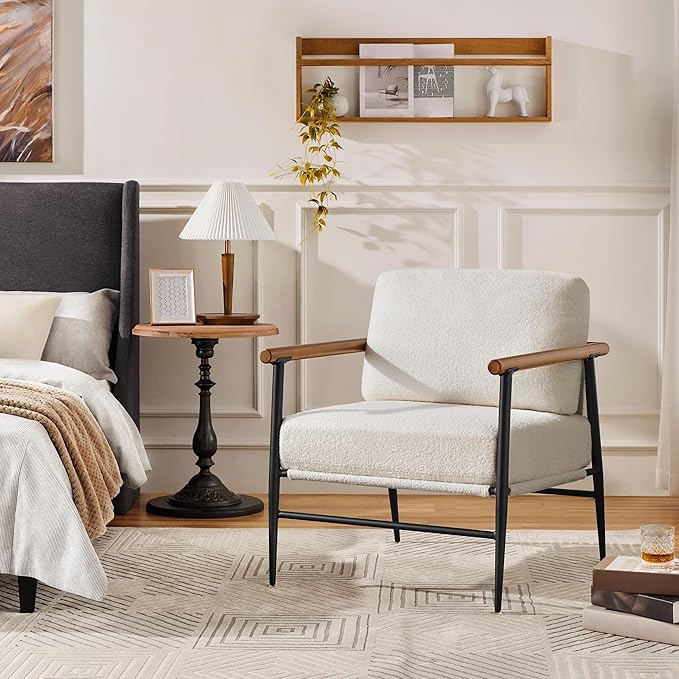 Yaheetech Accent Chair Modern Vanity Chair Boucle Fabric Lounge Chair with Metal Frame Plush Back Pillow and Seat Cushion Pocket Coil Seat for Living Room Bedroom Makeup Room Ivory