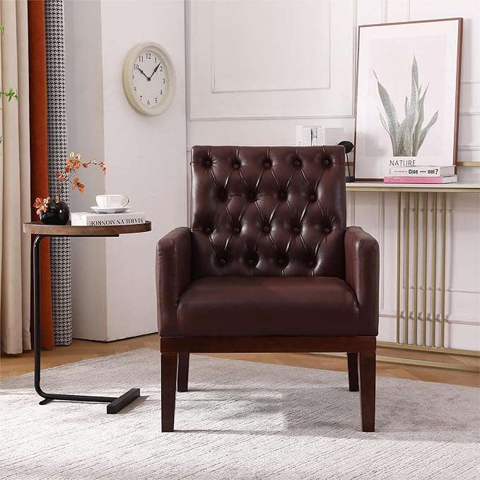 Generic PU Leather Accent Chair Upholstered Lounge Sofa Armchair Comfortable Armchair with Wooden Legs in Log Color Modern Button Reading Chair for Bedroom Living Room Dark Brown