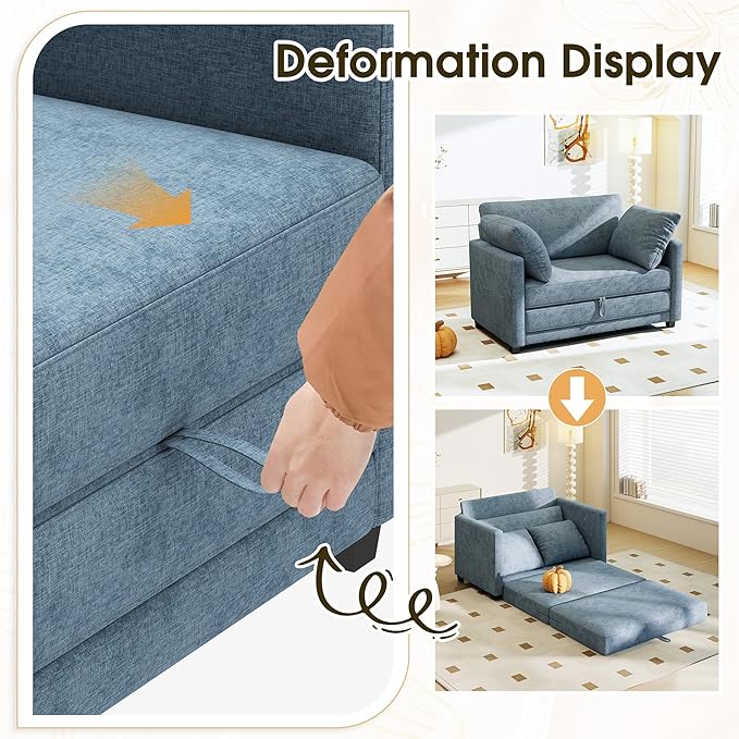 51 Convertible Loveseat Sofa Bed 2-in-1 Folding Sofa Bed with 2 Pillow for Small Spaces Modern Loveseat Sleeper Couch for Apartment Living Room &amp Guest Room (Light Blue)