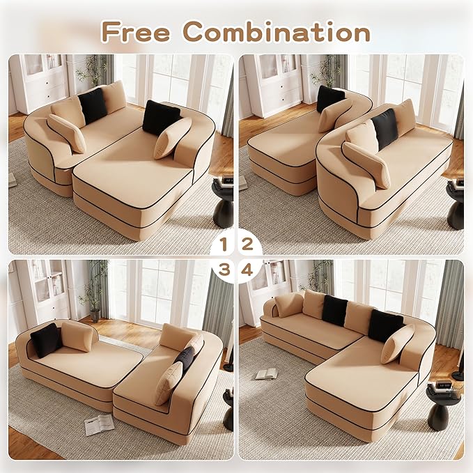 KEIKI 2Seat Modular Boneless Sectional Velvet Sofa Couch with Chaise for Living Room Home Office Style Conscious Homeowners Cozy Warm Perfect for Entertaining Relaxation Refined Design Camel