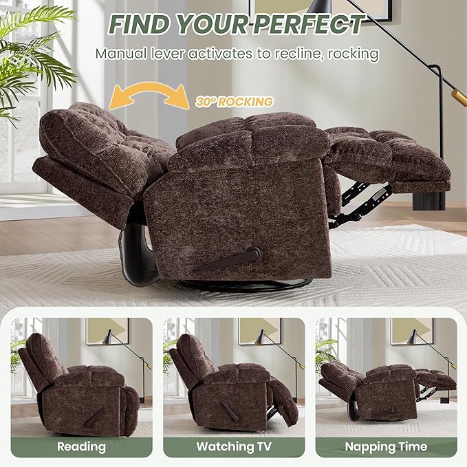 Oversized Rocker Recliner Chair 42” Power Swivel Recliner for Living Room Overstuffed Extra Wide Rocking Recliners with Breathable Soft Fabric Up to 400lbs(Manual Brown)