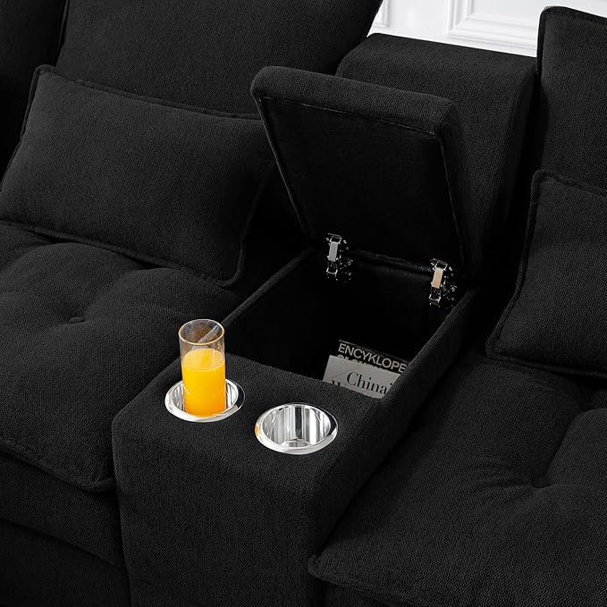 KEIKI 130 U-Shaped 6 seat Sofa with Storage Console Cup Holders Upholstered Sectional Sofa Button Tufted Cloud Cushion Couch for Home Office Apartment Black