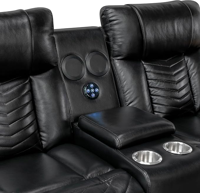 Lexicon Wall Hugger Power Double Reclining Loveseat with Console Faux Leather Home Theater Seating with LED Lighting Charging Ports Bluetooth Speaker Wireless Cup Holders Hidden Storage Black