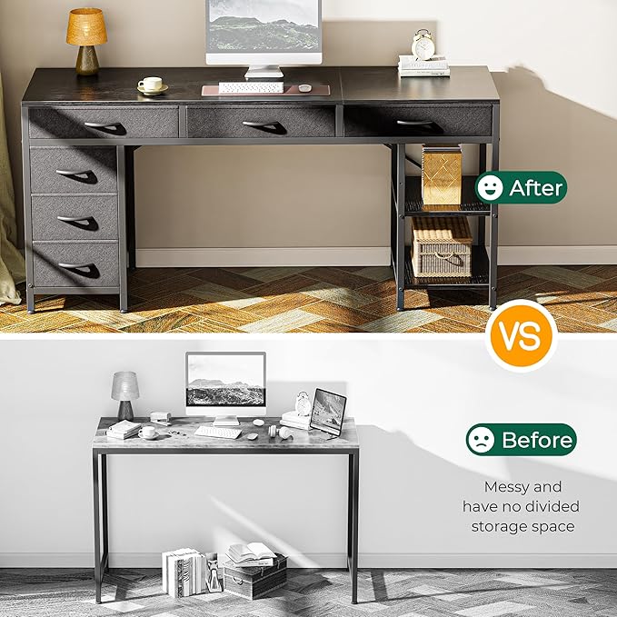 Huuger Computer Desk with 6 Drawers 63 Inch Office Desk with Shelves Reversible Gaming Desk Corner Desk with Storage for Home Office Study Living Room Black