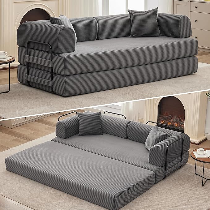 78'' Convertible Sleeper Sofa Bed4 in 1 Corduroy Boneless Couch with PillowsFolding Sectional Couch with Pull Out BedFloor Sofa Loveseat for Living RoomBedroomNo Assembly RequiredGray