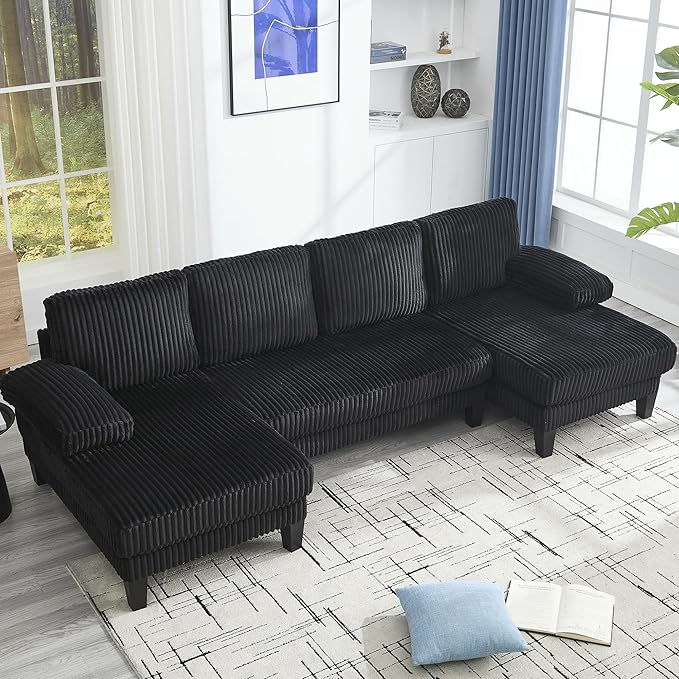 KEIKI 114 U-Shaped Oversized Modular Velvet Sectional Sofa with 2 Chaise Lounge Modern Style Upholstered 4-Seater Couch with Soft Seat Cushions Easy Assembly for Apartment Living Room Black