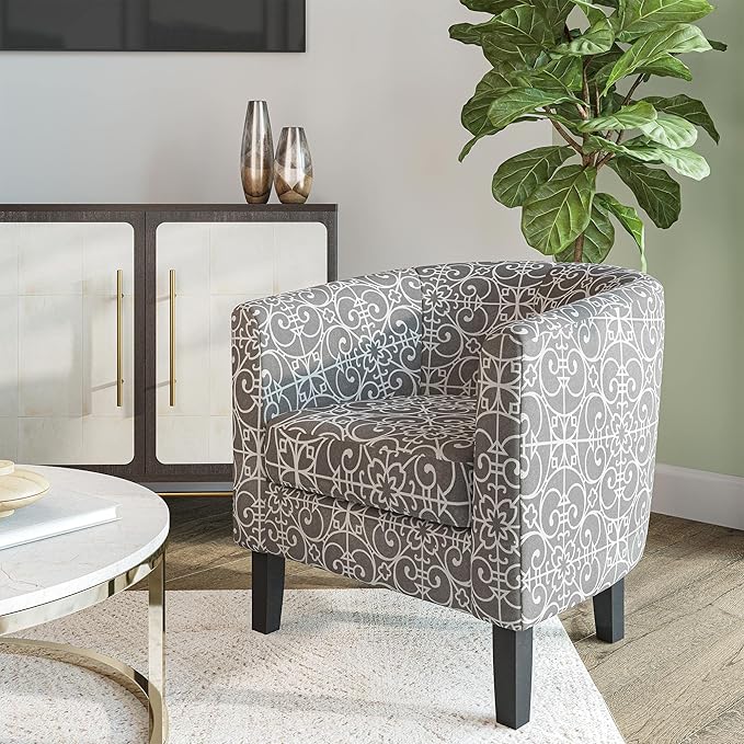 BELLEZE Accent Barrel Chair Linen Round Chair Club Tub Sofa Corner Chair with Flared Legs and Cozy Soft Padding for Living Room Bedroom Waiting Room - White &amp Gray