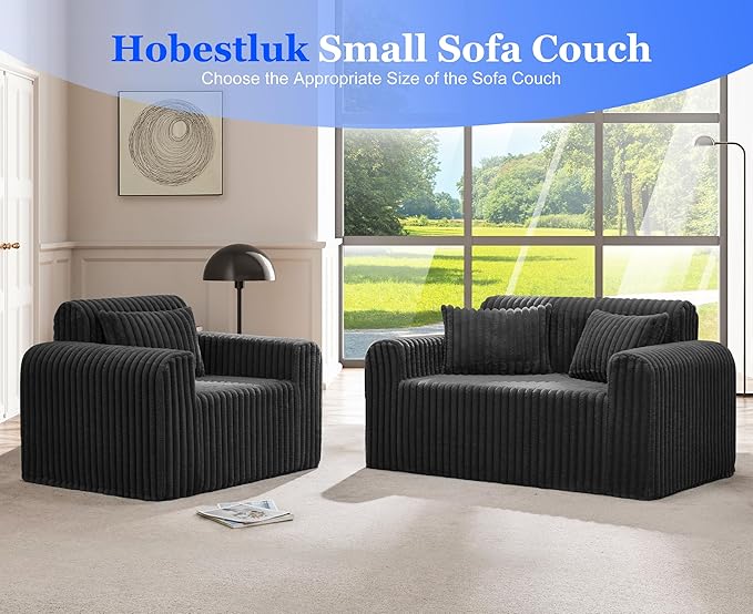 Hobestluk Single Sofa Foam Couch Sofa for Small Spaces Comfy Sofas with Removable Cover Furry Couch with Pillows for Living Room Bedroom Apartment Office (Black Standard)