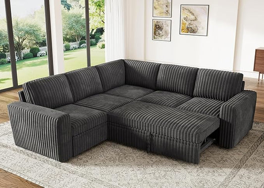 HONBAY Modular Sectional Sleeper Sofa with Pull Out BedCorduroy L Shaped Couch with Storage Sectional Couches for Living RoomDark Grey