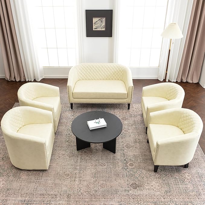 KINWELL 50 Faux Leather Upholstered Loveseat Sofa with 2 Swivel Barrel Accent Chairs Minimalist Comfy 2-Seater Couch and Armchair for Small Spaces Apartment Cream