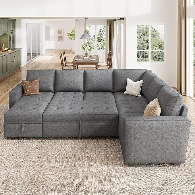 HONBAY Modular Sectional Couch with Pull Out Bed Sleeper Sofa with Storage U Shaped Modular Sectional Couches for Living RoomMid Grey