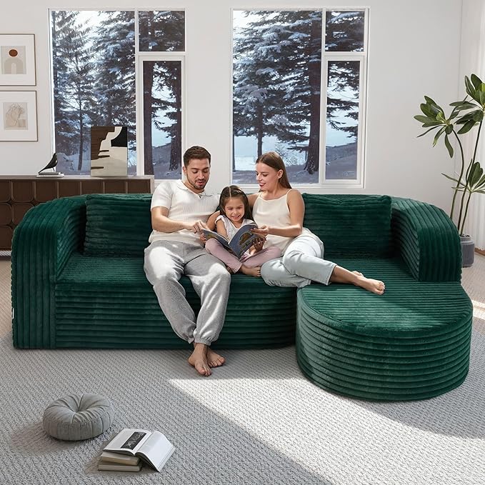 Hobestluk 96 Cloud Sectional Couch Modern Boneless Couch 3 Seater with Oversized Chaise L Shaped Modular Sofa Couches for Living Room Apartment No Assembly Required (Stripe GreenRight Facing Chaise)