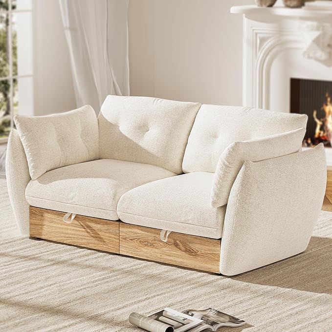 70 Loveseat Sofa with Storage Cotton and Linen Fabrics Modern Oversized Modular Sectional Cloud Couch with Armrest Pillow Easy Assembly for Small Spaces Ivory