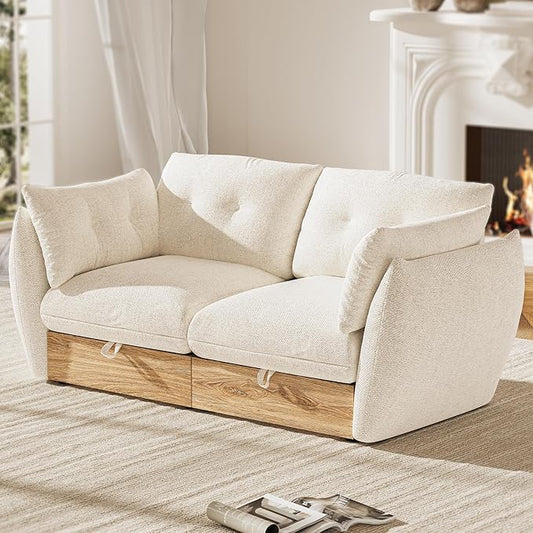 70 Loveseat Sofa with Storage Cotton and Linen Fabrics Modern Oversized Modular Sectional Cloud Couch with Armrest Pillow Easy Assembly for Small Spaces Ivory