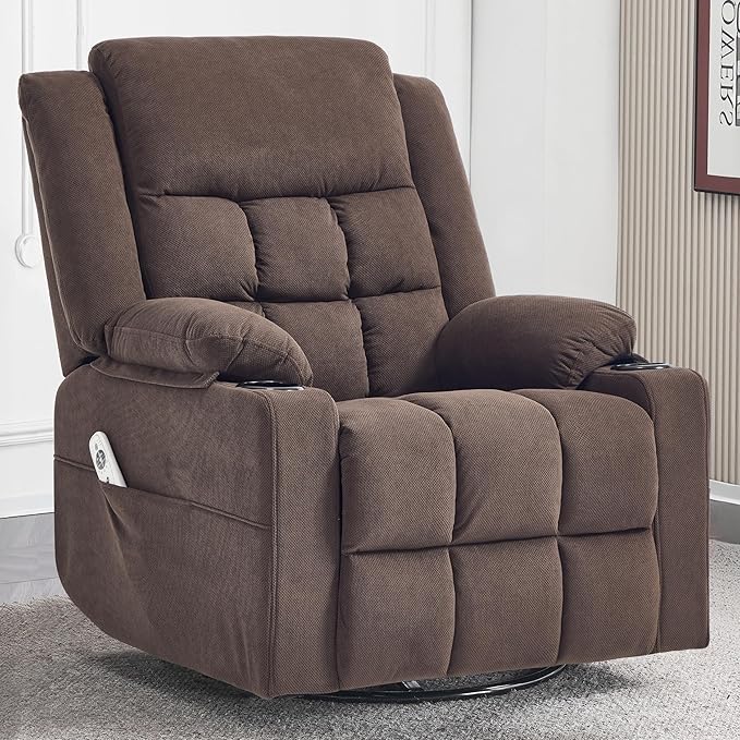 Swivel Rocker Recliner Chair for Adults with Massage and Heat Cup Holders and Side Pockets Glider Rocking Reclining Single Sofa Chair for Living Room (Cocoa)