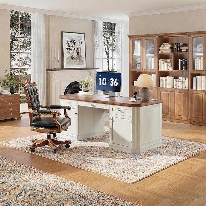 59 Classic Executive Desk with Storage Victorian Executive Desk with Charging Station Keyboard Tray 3 Drawers &amp Cabinet Storage &amp Pedestal Easy Assembly White