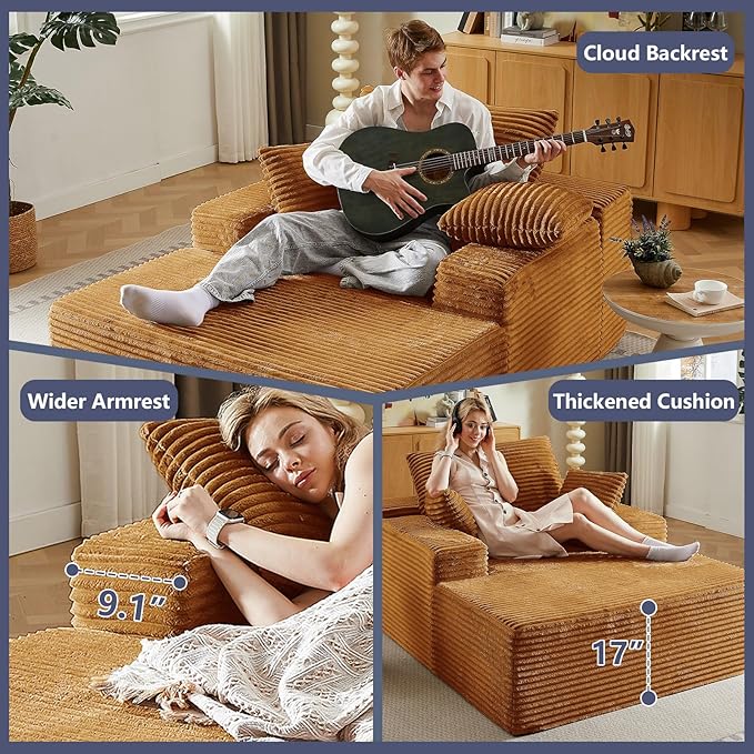 49.2 Oversized Chaise Lounge Chair Indoor Modern Upholstered Deep Seat Sofa Bed Sleeper Couch Reading Chairs Comfy Corduroy Cloud Sofas Couches for Living Room No Assembly Orange