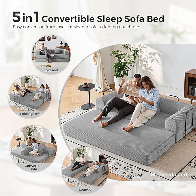 79'' Convertible Sofa Bed 5-in-1 Folding Corduroy Sleeper Couch with Pull Out Bed Oversized Modular Floor Sofa No Assembly Space-Saving Guest Bed for Apartment Living Room Bedroom (Light Gray) | C
