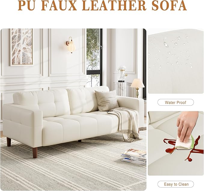 GarveeHome 3-Seater Sofa Couch 83 in Wide Faux Leather Sofa Couch with Spring Cushion Modern Sofa with Deep Seats and 2 Removable Back Cushions for Living Room Bedroom Apartment Office Beige