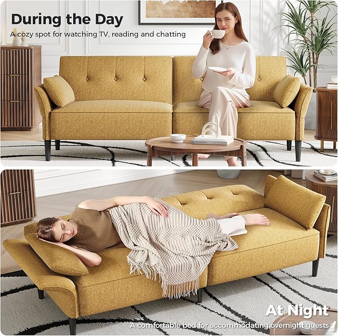 89” Futon Sofa BedComfy Futon Couch Bed with 2 Square PillowsConvertible Sleeper Sofa with Adjustable Backrest&amp Armrests Modern Loveseat Sleeper for Living Room Bedroom Linen Yellow