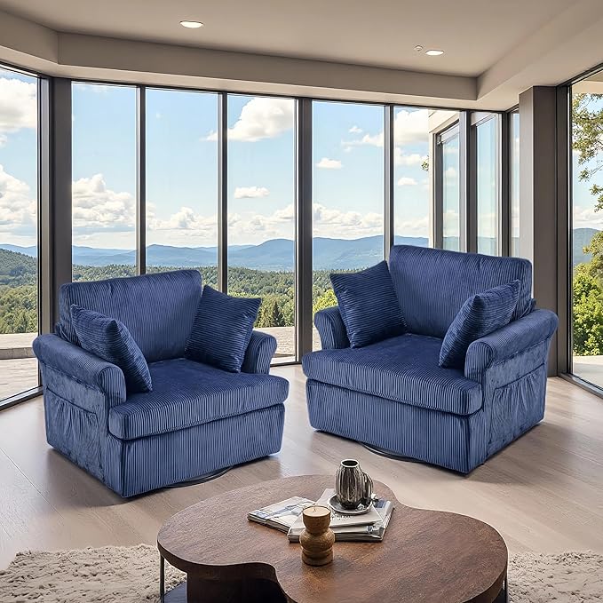 Karl home Swivel Accent Chair Set of 2 39 Oversized Armchair W/2 Pillows and 4 PocketsModern Corduroy Barrel ChairsComfy Single Sofa for Living RoomReadingBedroom and Office-Dark Blue