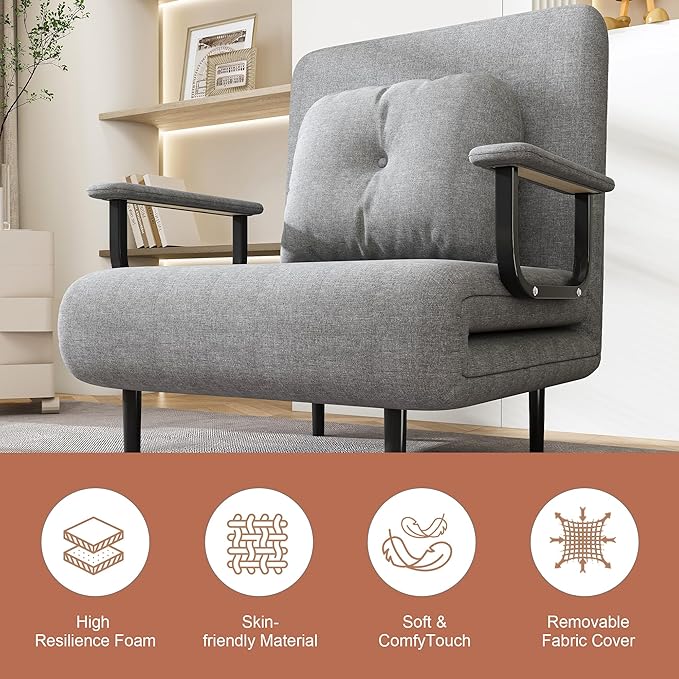 3 in 1 Sleeper Chair Bed Convertible Chair Bed Futon Sofa with Adjustable Backrest &amp Pillow Accent Chair for Apartment/Bedroom/Office (Gray)