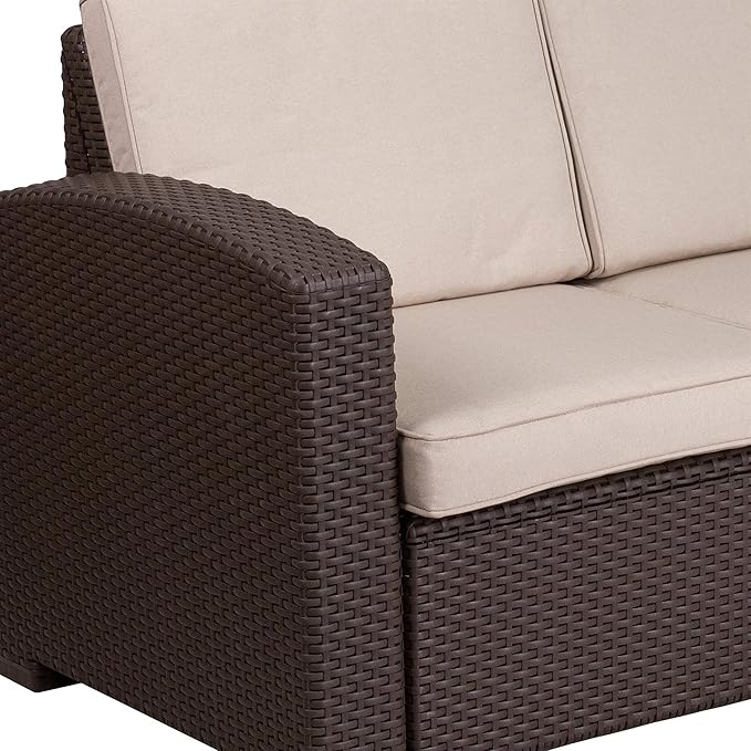 Flash Furniture Seneca Chocolate Brown Faux Rattan Loveseat with All-Weather Beige Cushions