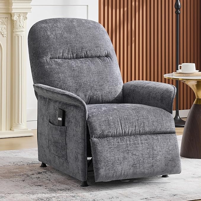 Power Recliner Chair with Remote Control 21 Wide Seat Small Recliners with Side Pocket for Adults Thick Cushions Chair for Living Room &amp Bedroom Light Grey