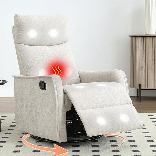 Manual 360° Swivel Rocker Recliner Chair for Adults Overstuffed Glider Chair for Nursery with Vibration Massage and Heat Comfy Soft Fabric Glider with Side Pockets for Living Room Beige