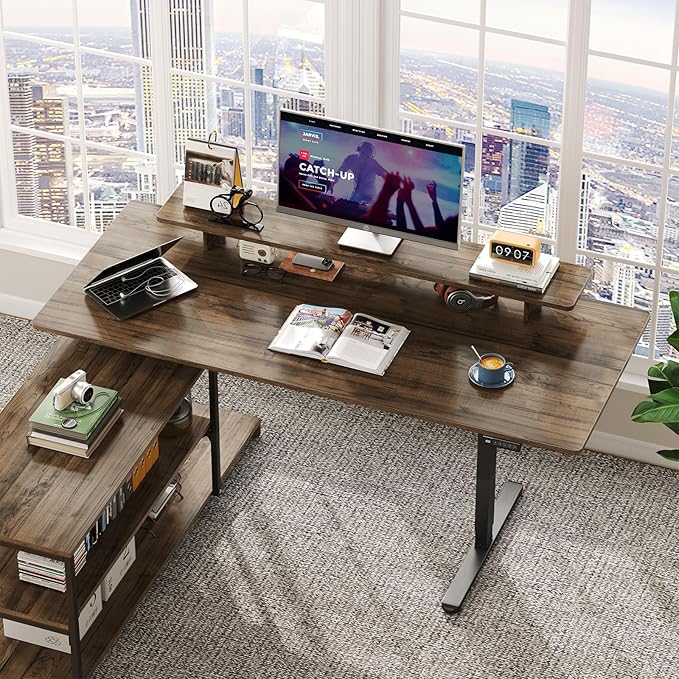 Standing Desk with File Cabinet 63x24'' L Shaped Electric Stand Up Desk with Adjustable Monitor Shelf Adjustable Height 28-46'' for Home and Computer Workstation Walnut
