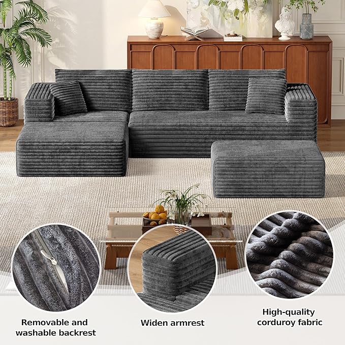 MoonSpeak 106 Sectional Boneless Couch for Living RoomModern Modular Cloud Couch with Deep SeatUpholstered Sleeper Sofa with 2 OttomanConvertible Folding CouchesNo Assembly (Gray)