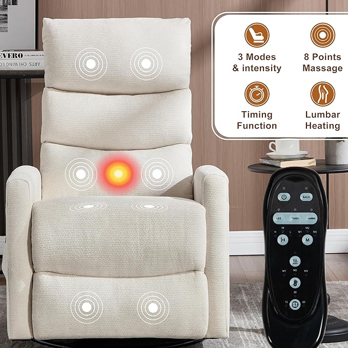 Manual Swivel Rocker Recliner Chair with Vibration Massage Overstuffed Glider Chair with Lumbar Heat for Nursery Living Room Reclining Sofa Chair Chenille Fabric Beige