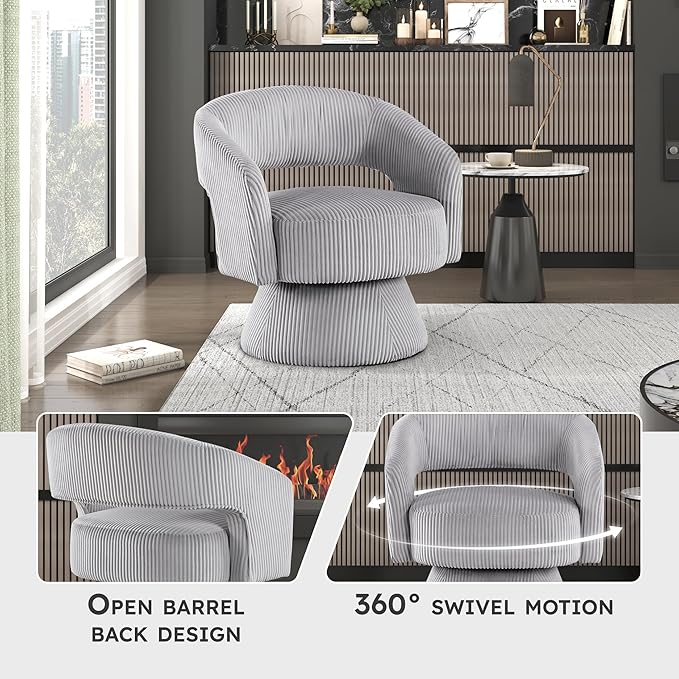 Lexicon 360 Degree Swivel Accent Chair Modern Comfy Corduroy Round Barrel Chair Open Back Plush Foam Cushions Metal Swivel Base for Living Room/Bedroom/Office Gray