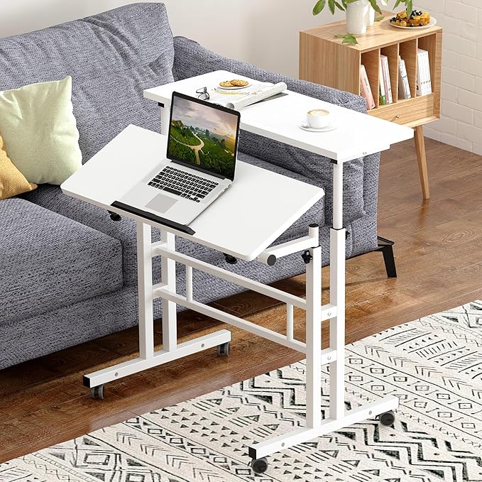 sogesfurniture Mobile Standing Computer Desk for Home Office Height Adjustable Laptop Workstation on Wheels with Keyboard Tray Small Portable Rolling Writing Table Sit to Stand Riser White