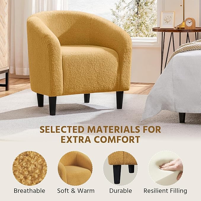 Yaheetech Accent Barrel Chair Boucle Fabric Club Chair Furry Sherpa Elegant and Cozy Soft Padded Armchair for Living Room Bedroom Reception Room Office Mustard Yellow