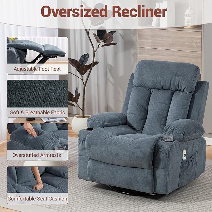 Swivel Recliner Chair for Adults w/Vibration Massage and Heating 360° Rocker Glider Recliner w/Cup Holder and USB Charge Port for Living Room Bedroom Blue