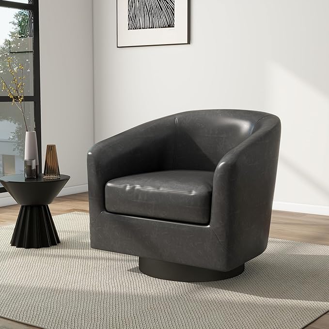 Swivel Barrel Chair Modern Round PU Leather Accent Armchair for Living Room Bedroom Oversized Comfy Club Reading Chairs for Adults (Leather Black Grey Set of 1)
