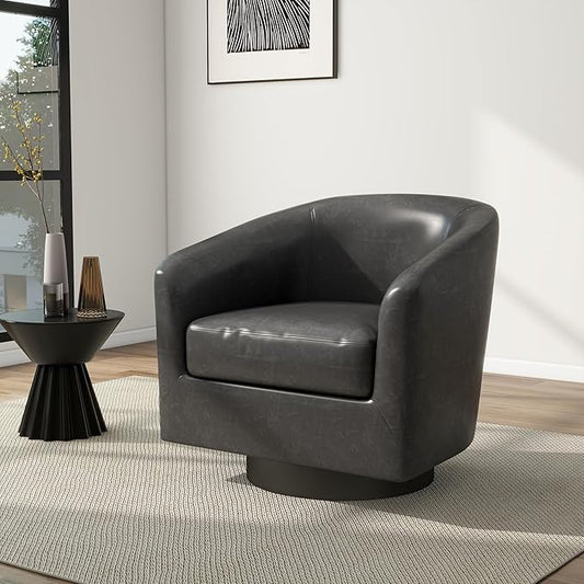 Swivel Barrel Chair Modern Round PU Leather Accent Armchair for Living Room Bedroom Oversized Comfy Club Reading Chairs for Adults (Leather Black Grey Set of 1)