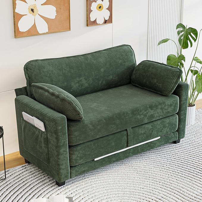 Convertible Sofa Bed Loveseat Sleeper Sofa with Side Storage &amp Solid Wood Frame Corduroy Small Couch Bed for Small Space Pull Out Floor Couch for Apartment Guest (Green 51)