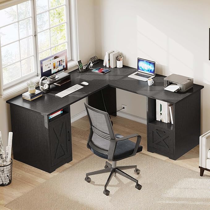 YITAHOME L Shaped Desk with Power Outlets 60 Inch Computer Desk Corner Desk with File Drawer Home Office Desk with Monitor Stand &amp Storage Shelves L-Shaped Desk with File Cabinet Black