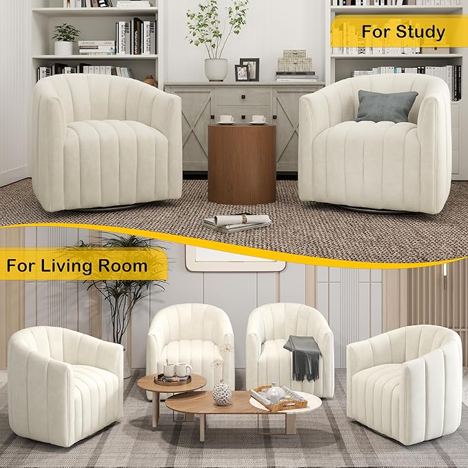 Swivel Accent Chair Velvet Barrel Arm Chair for Living Room Pumpkin Shaped Curved Chair with Metal Base for Bedroom Balcony Study Room（Beige White Set of 2）