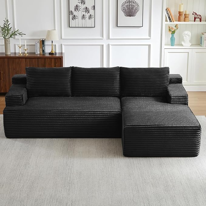 Modern Corduroy Modular Sectional Sofa96.1 Minimalist Style L-Shaped 3 Seat Couch with Side Storage PocketsComfortable Chaise Lounge for Living RoomReception AreaBlack Right Chaise Lounge