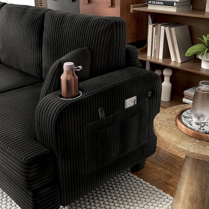 Homes: Inside + Out Reese Modern Plush Chenille Couch with Side Pockets Cup Holders and USB Ports Wooden Comfortable Sofa for Living Room Bedroom and Office Black