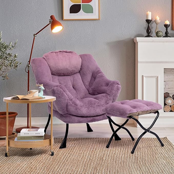 HollyHOME Lazy Chair with Foldable Ottoman Accent Comfy Lounge Armchair and Folding Footrest Stool Leisure Sofa Reading Chair and Footstool for Living Room Bedroom DormFaux Fur Purple