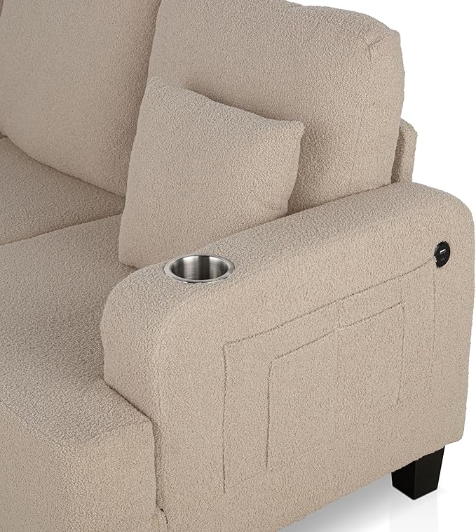 Homes: Inside + Out Reese Modern Plush Boucle Couch with Side Pockets Cup Holders and USB Ports Wooden Comfortable Sofa for Living Room Bedroom and Office Beige