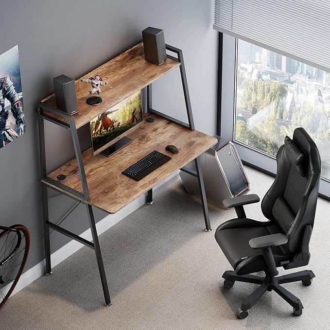 EUREKA ERGONOMIC Small Computer Ladder Desk with Storage Shelves 43 Inch 2-Tier Home Office Students Study Writing PC Gaming Table with Bookshelf Modern Workstation for Space Saving Rustic Brown