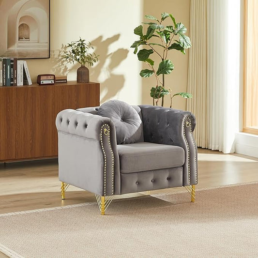 ERYE 37-Inch Chesterfield Button Tufted Single Sofa with Round Pillow Single Seat Velvet Tufted Sofa W/Nailhead DecorRing Accent &amp Golden Legs